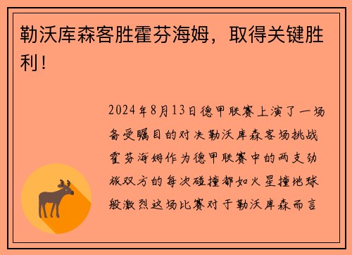 勒沃库森客胜霍芬海姆，取得关键胜利！