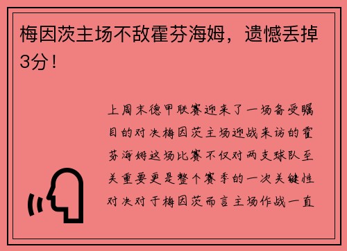 梅因茨主场不敌霍芬海姆，遗憾丢掉3分！